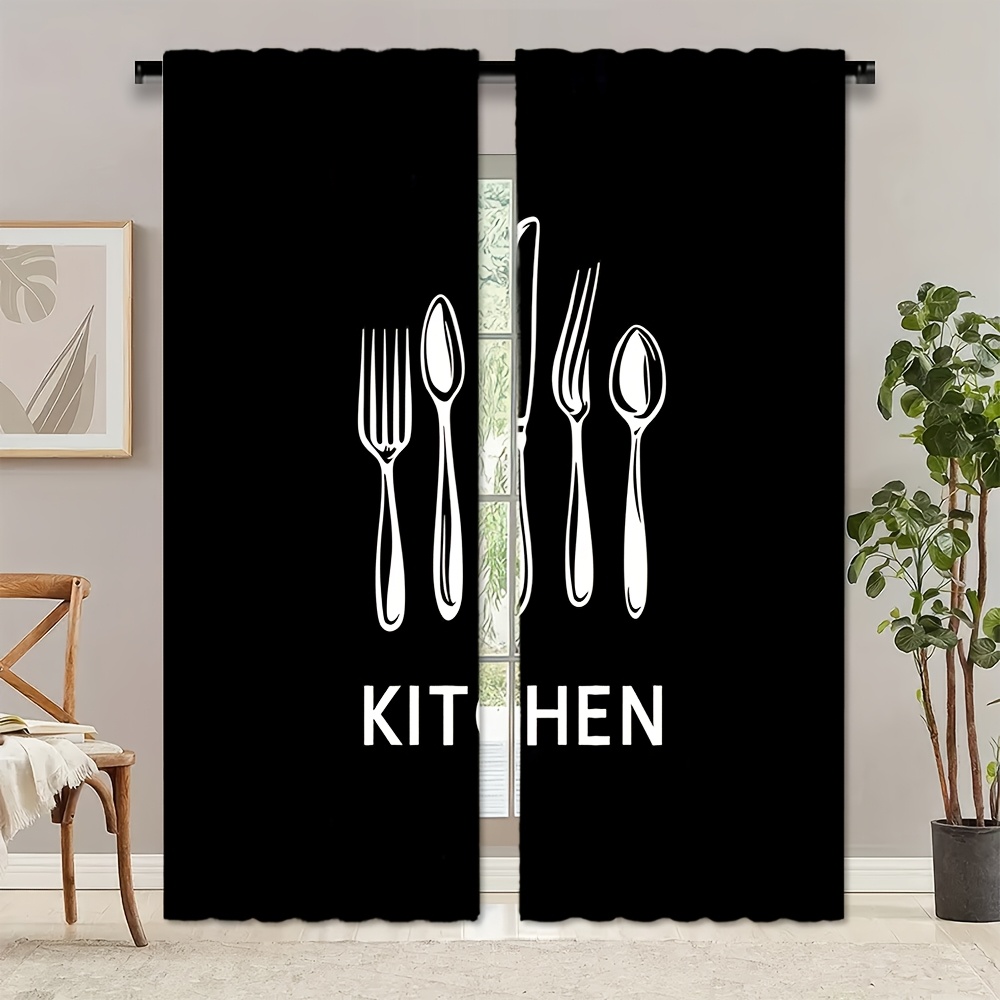 Home Cooking Youtube - Kitchen Utensils Text Curtains Black White